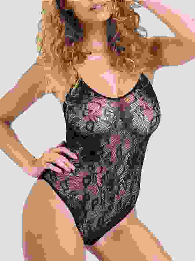 Lovehoney Black Crotchless Lace Spaghetti Strap Teddy, Black, hi-res